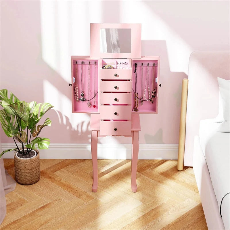 Standing Jewelry Armoire Cabinet with Flip Top Mirror, 4 Drawers, 8 Necklace Hooks & 2 Side Doors, Jewelry Storage Organizer Chest for Bedroom