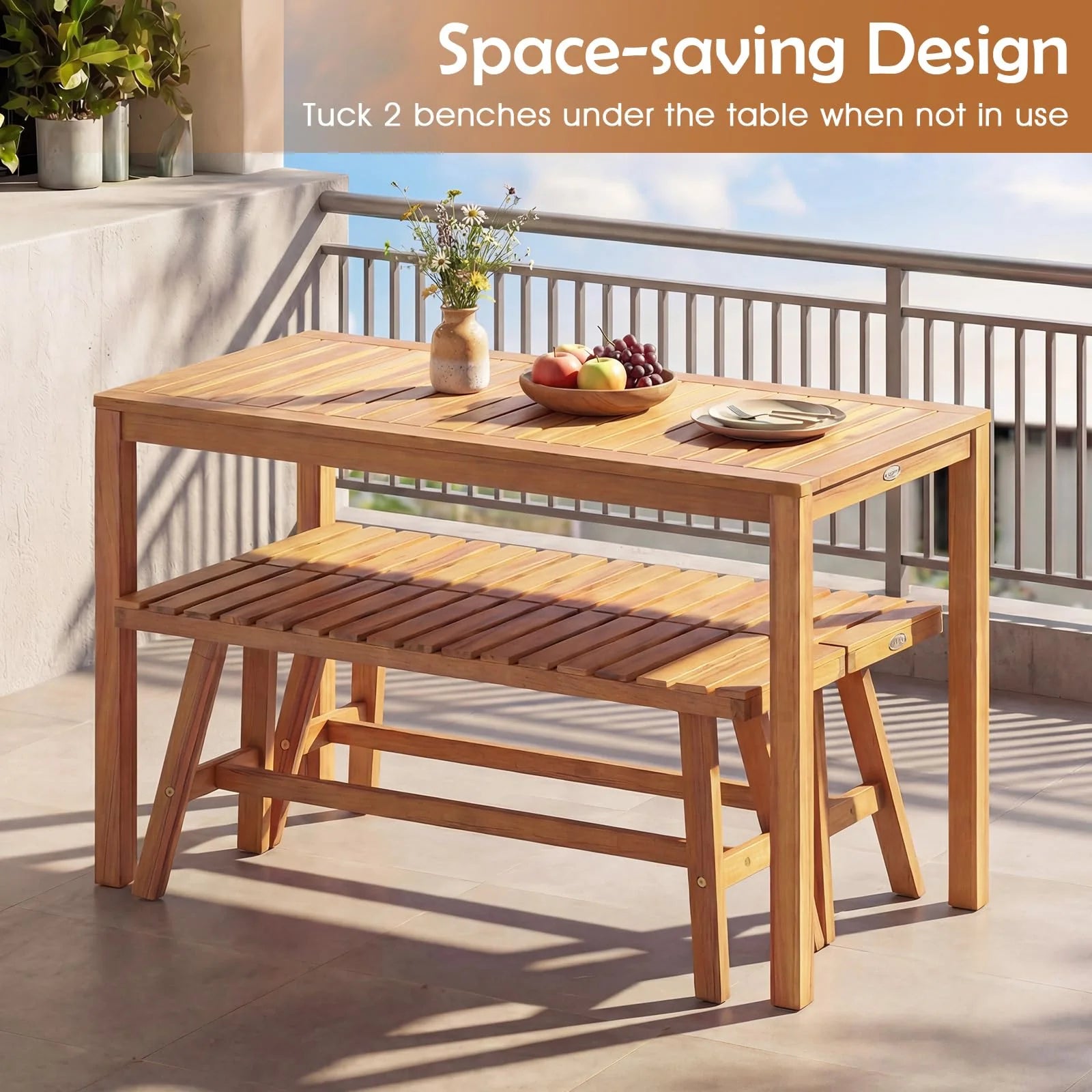 3 Pieces Acacia Wood Patio Dining Set Outdoor Rectangular Table and Benches with Slatted Seats