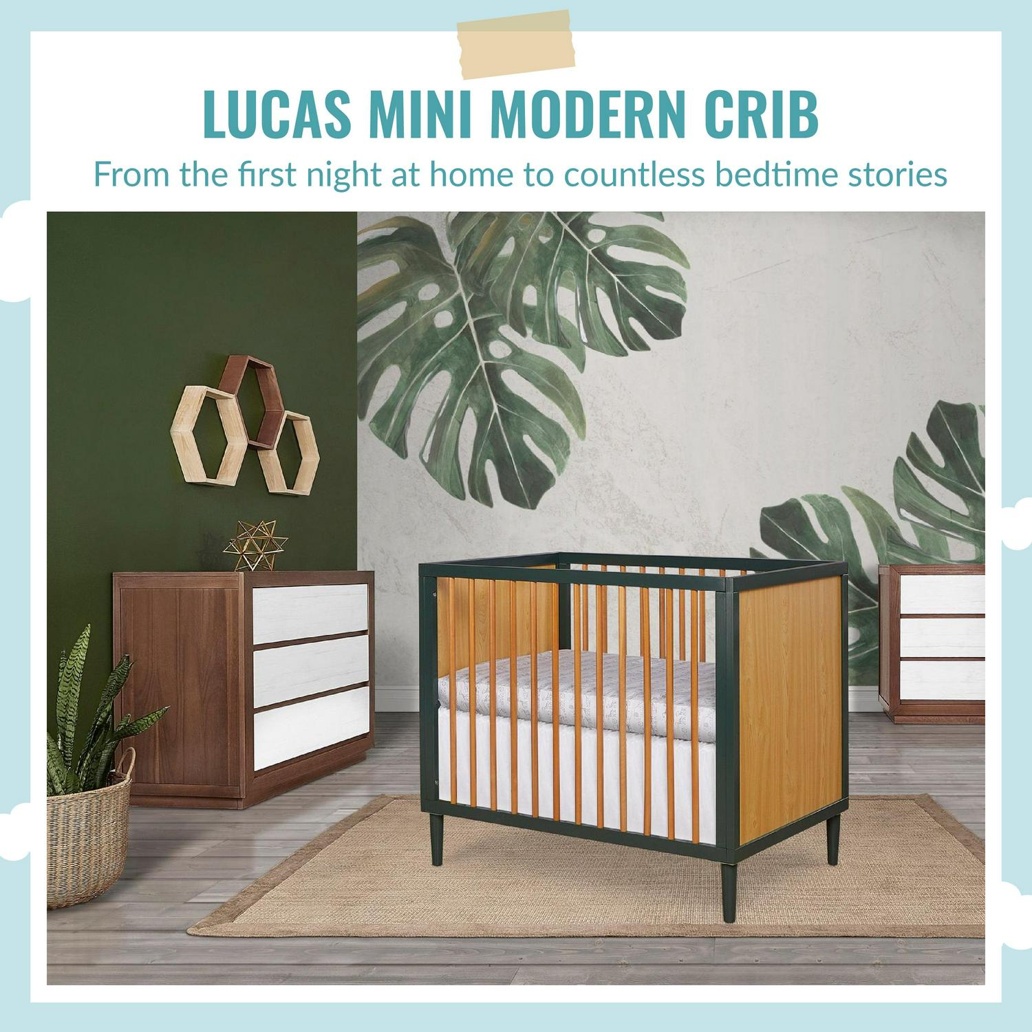 Dream on Me Lucas Mini Modern Crib with Rounded Spindles I Convertible Crib I Mid - Century Meets Modern I Portable Crib