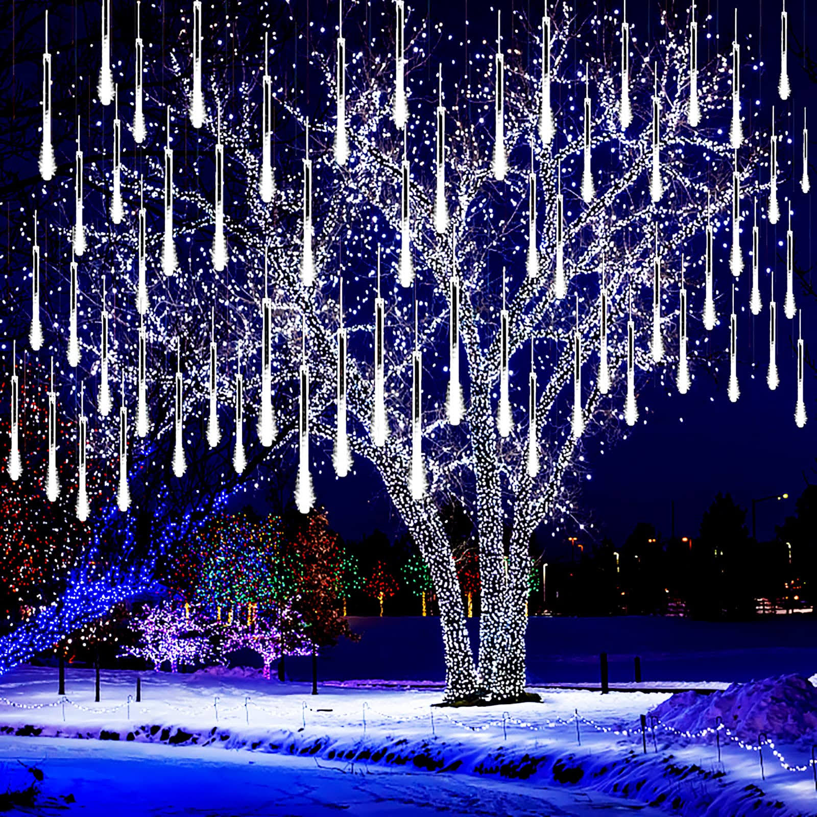 Kwaiffeo Christmas Lights Outdoor, Meteor Shower Lights Falling Rain Lights 12 inch 8 Tube 192 LED Snow Falling Icicle Cascading