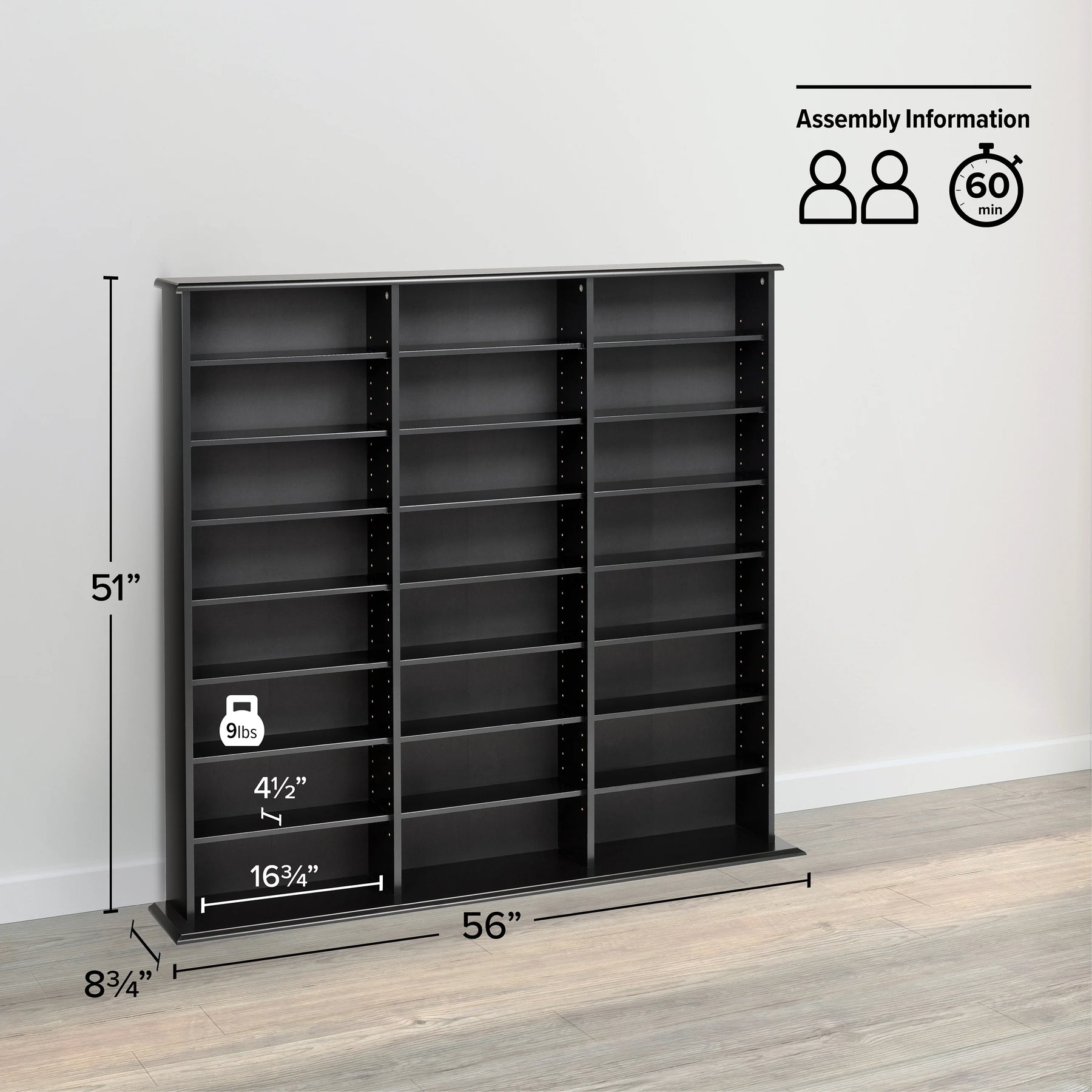 Prepac 51" Triple CD DVD Wall Media Storage Rack in Black