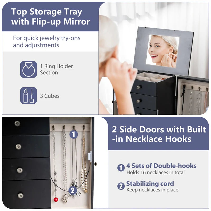 Standing Jewelry Armoire Cabinet with Flip Top Mirror, 4 Drawers, 8 Necklace Hooks & 2 Side Doors, Jewelry Storage Organizer Chest for Bedroom